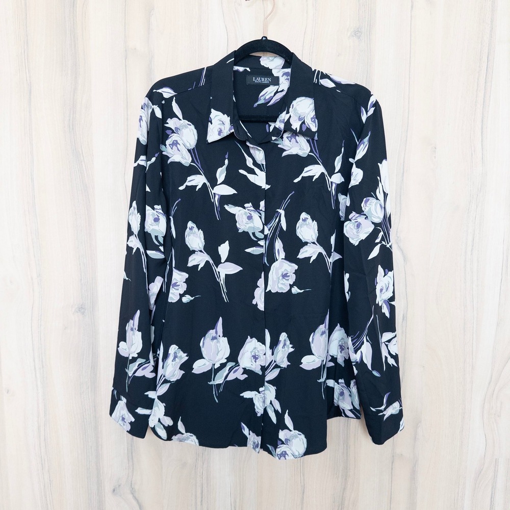 Lauren Ralph Lauren Womens Floral Shirt L Black Long Sleeve Button Down Career